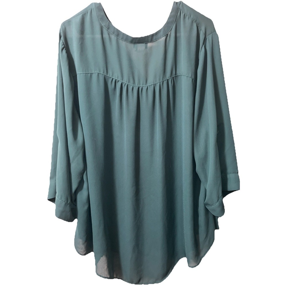Torrid 3X georgette emerald green blouse button-front Roll Tab Sleeves Office - Picture 2 of 5
